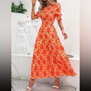 Orange Printed Tiered Maxi Dress - Women's Summer Dress
